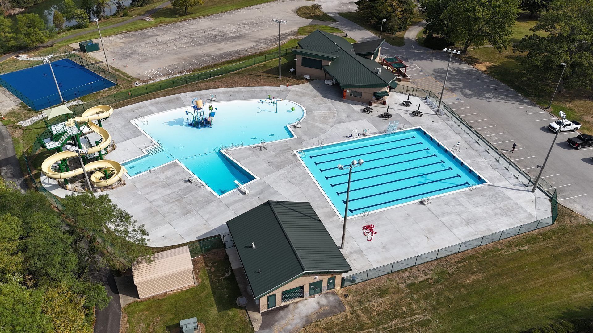 Aerial of the John W. Black main pool and a separate play pool