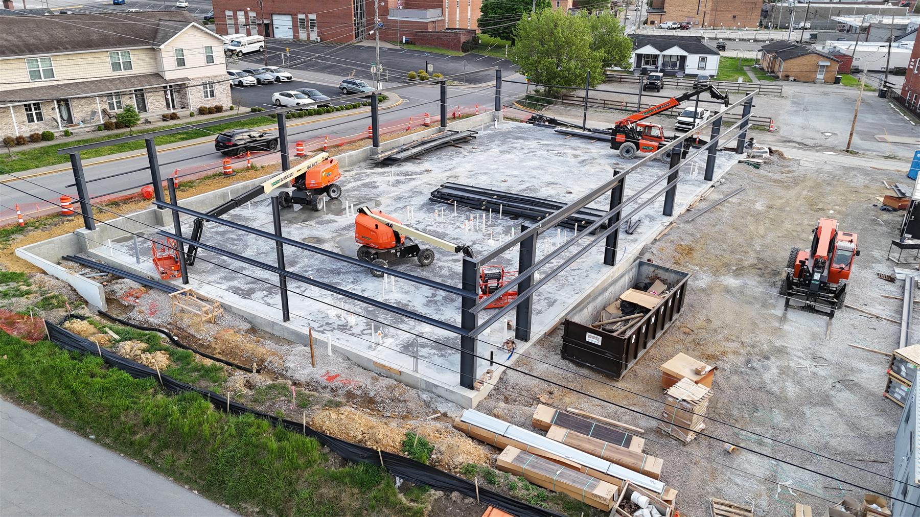 Aerial of exterior wall sheathing on the steel frame, April 2026